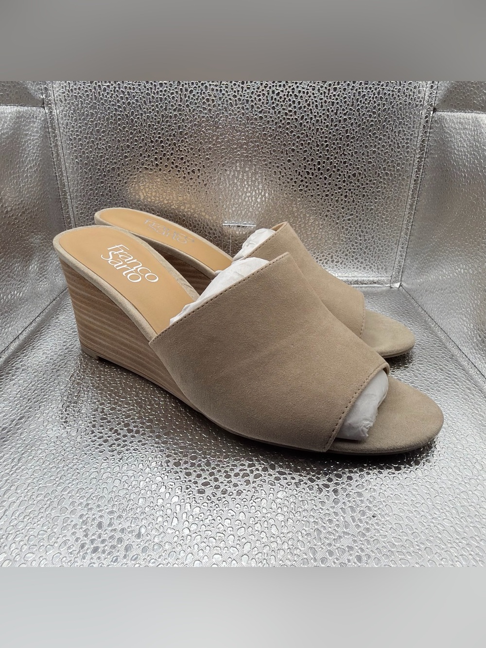 Franco Sarto Beige Suede Wedge Slide Sandals